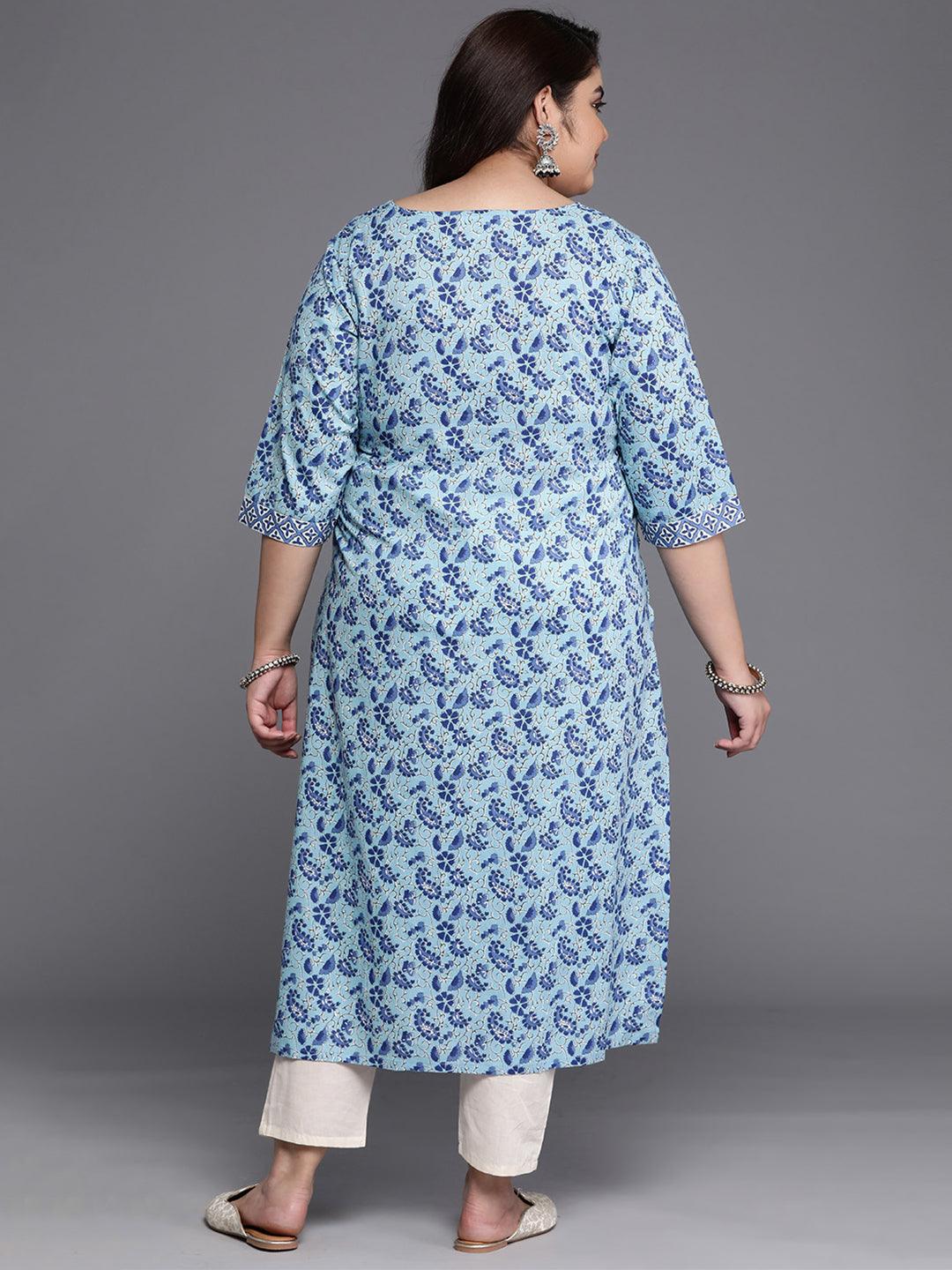 Plus Size Blue Printed Cotton Straight Kurta - Libas