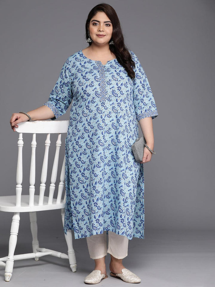 Plus Size Blue Printed Cotton Straight Kurta - Libas