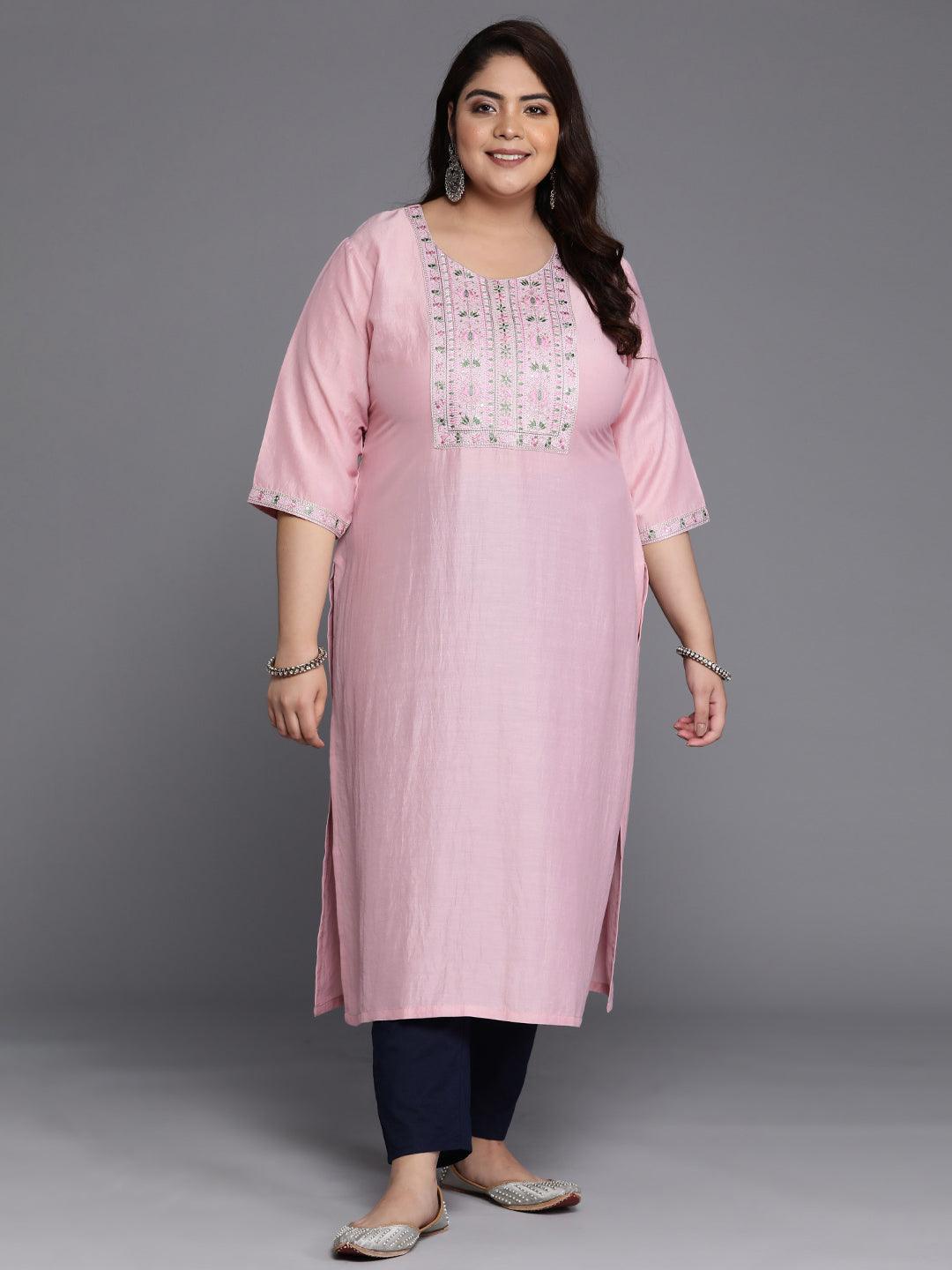 Plus Size Pink Yoke Design Silk Straight Kurta - Libas 