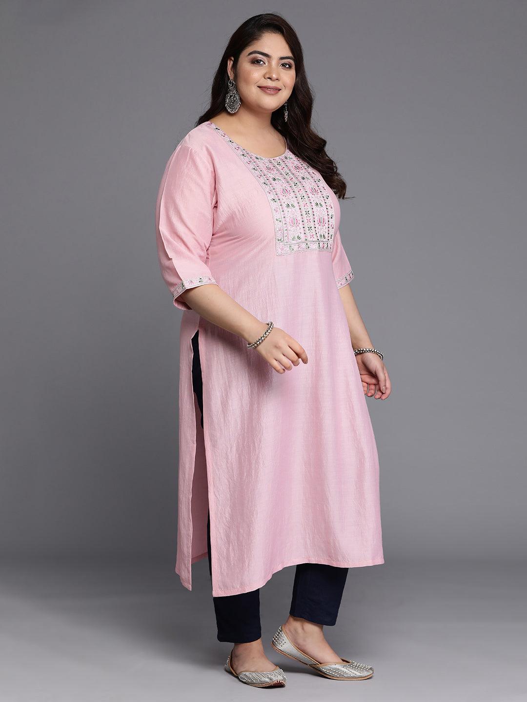 Plus Size Pink Yoke Design Silk Straight Kurta - Libas 