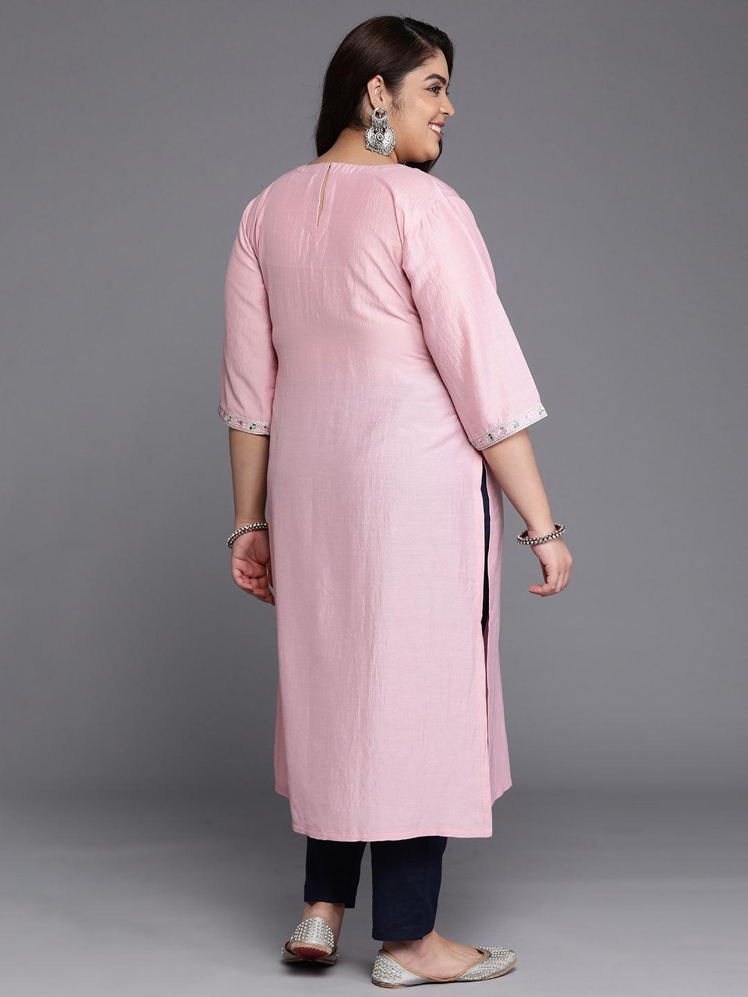 Plus Size Pink Yoke Design Silk Straight Kurta - Libas 