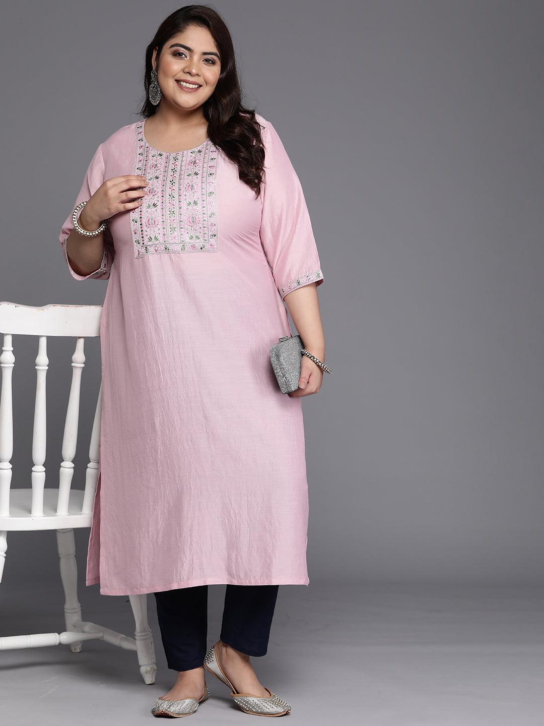 Plus Size Pink Yoke Design Silk Straight Kurta - Libas