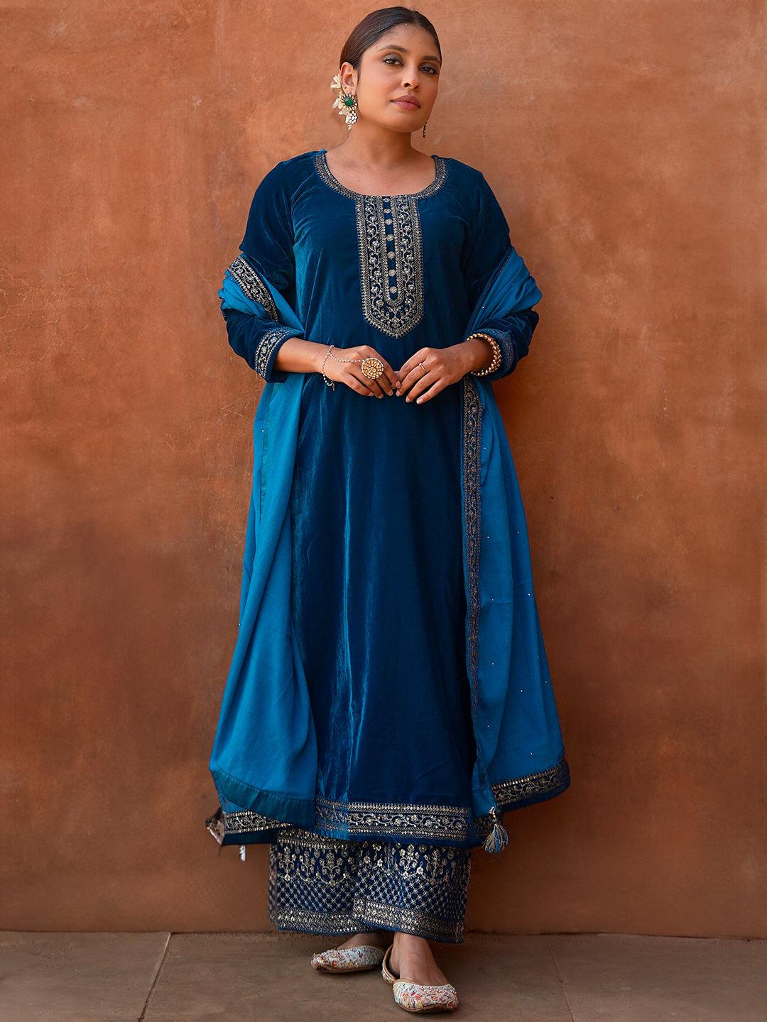 Teal Blue Yoke Design Velvet Straight Kurta With Palazzos & Dupatta - Libas