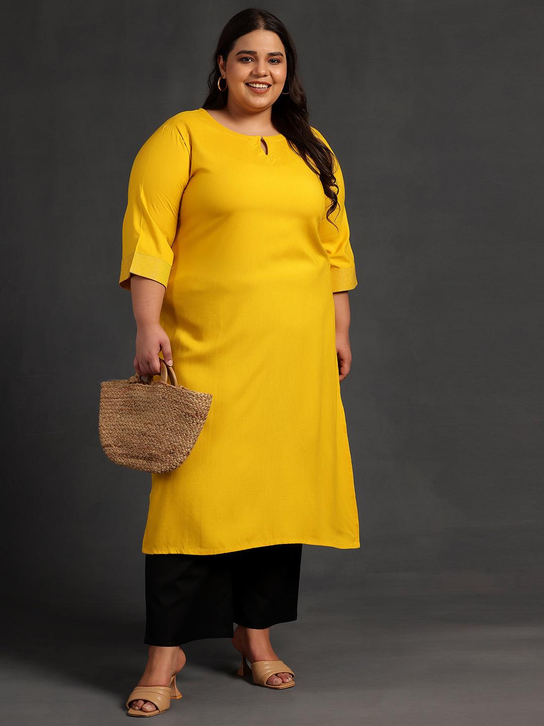 Plus Size Mustard Solid Rayon Straight Kurta - Libas