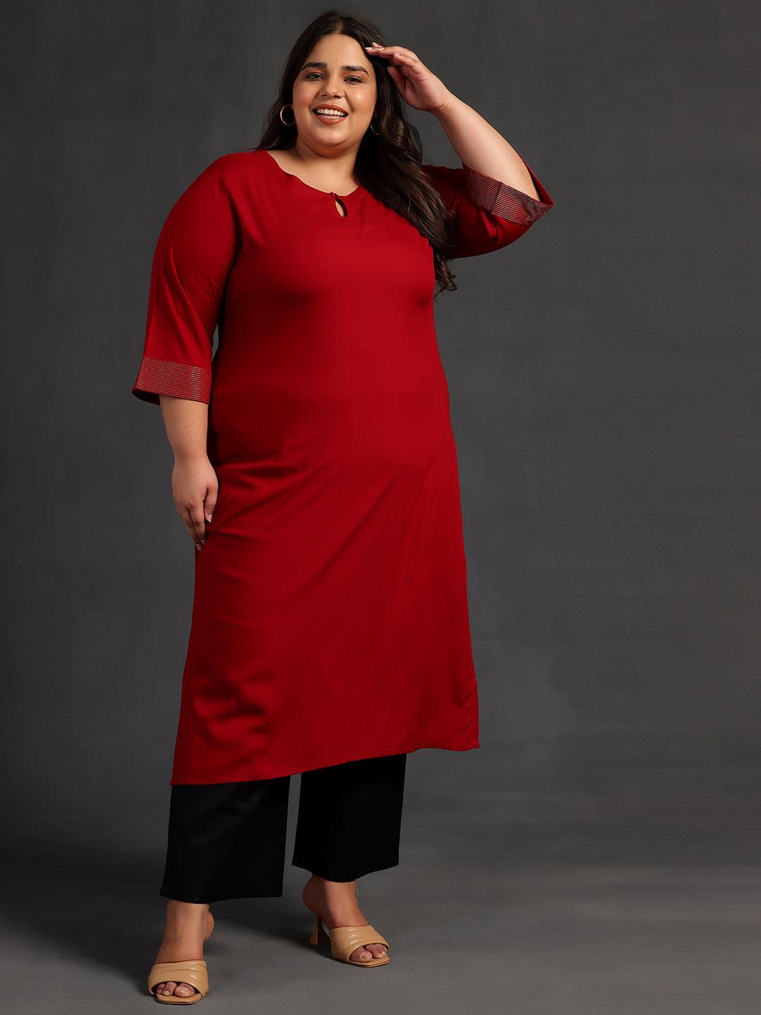 Plus Size Maroon Solid Rayon Straight Kurta - Libas