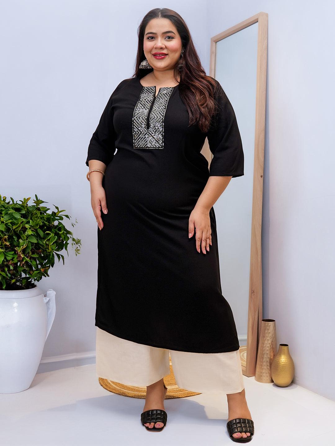 Plus Size Black Embellished Rayon Straight Kurta - Libas