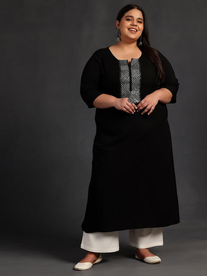 Plus Size Black Embellished Rayon Straight Kurta - Libas