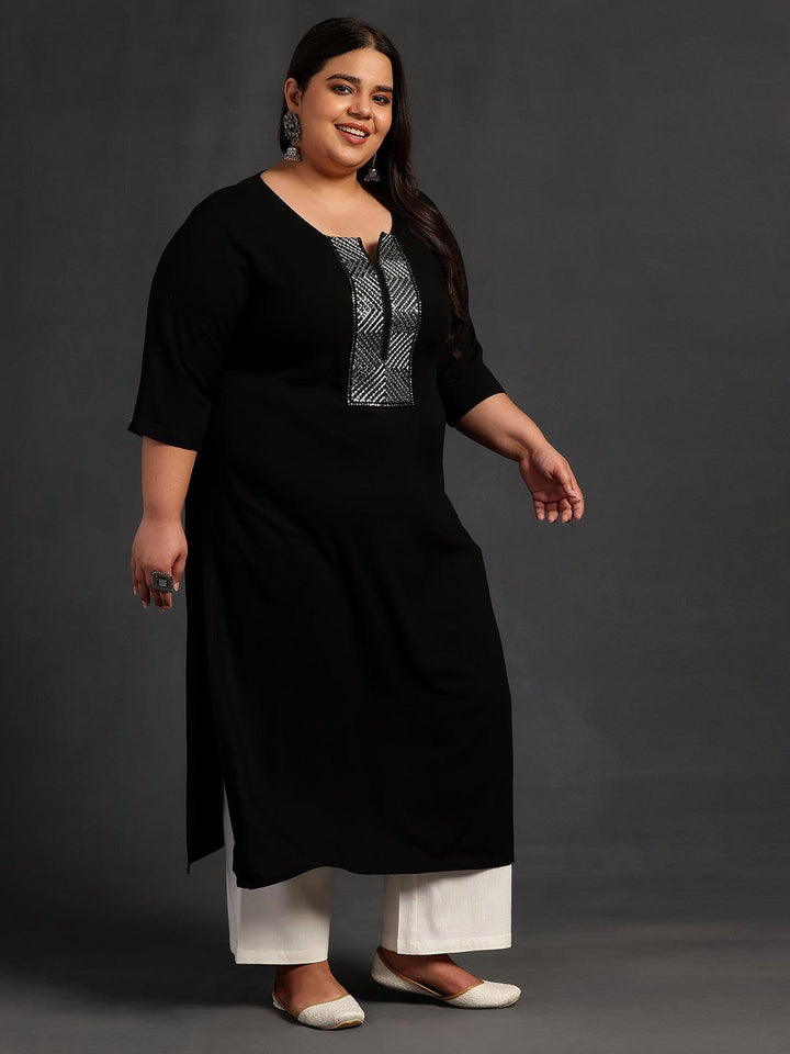 Plus Size Black Embellished Rayon Straight Kurta - Libas