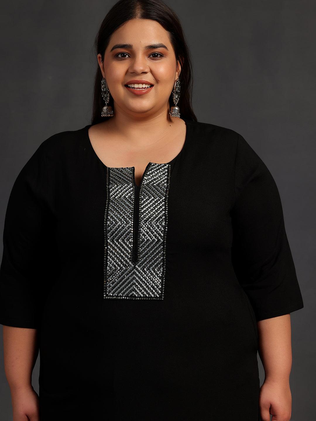 Plus Size Black Embellished Rayon Straight Kurta - Libas