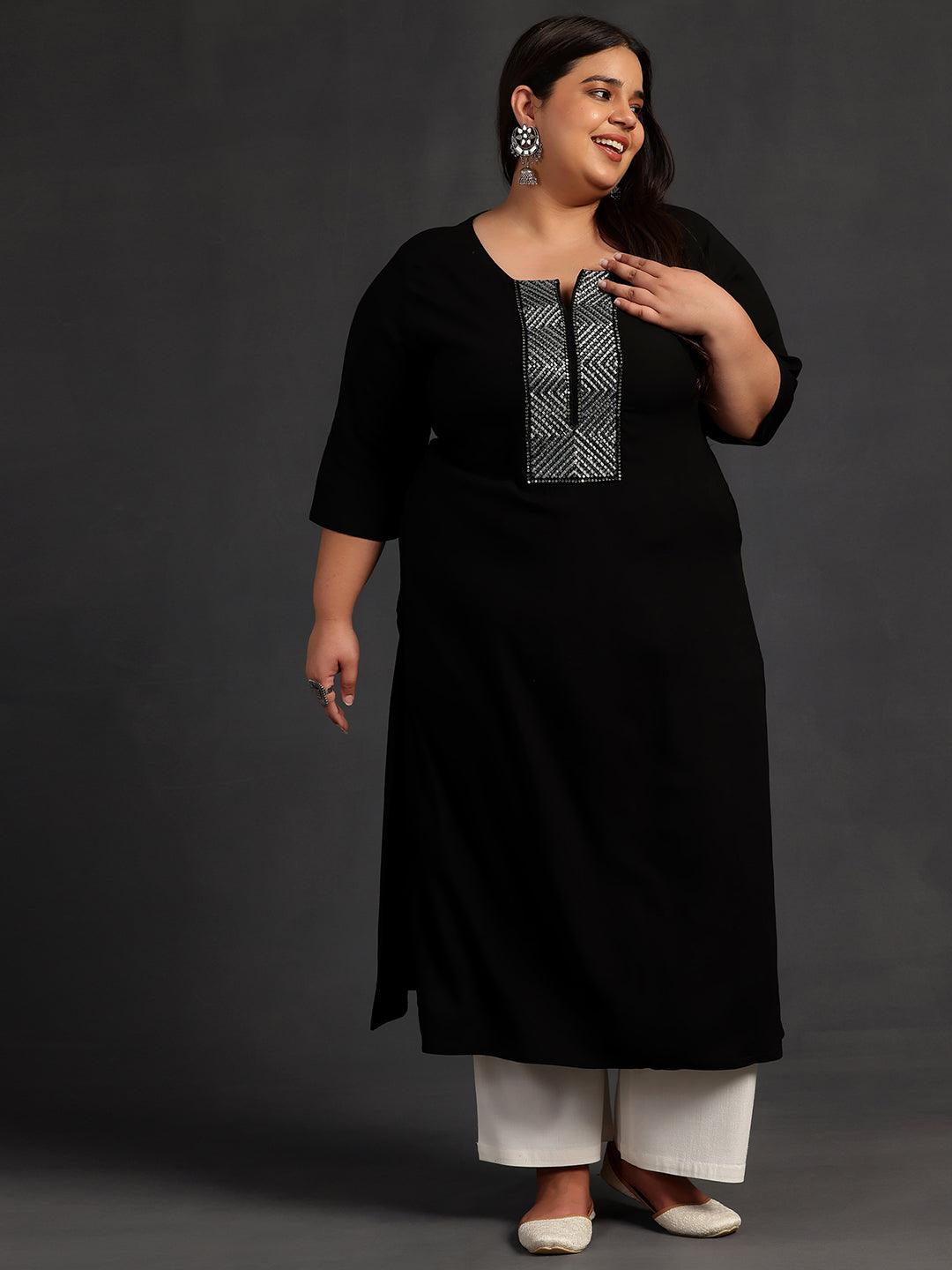 Plus Size Black Embellished Rayon Straight Kurta - Libas