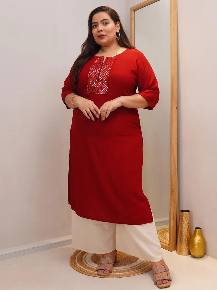 Plus Size Maroon Embellished Rayon Straight Kurta - Libas