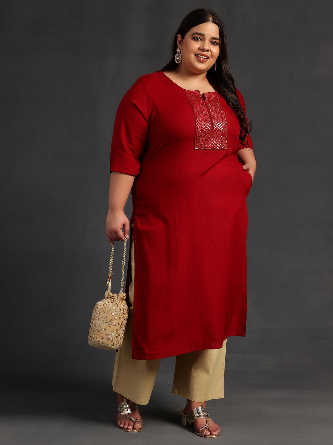 Plus Size Maroon Embellished Rayon Straight Kurta - Libas