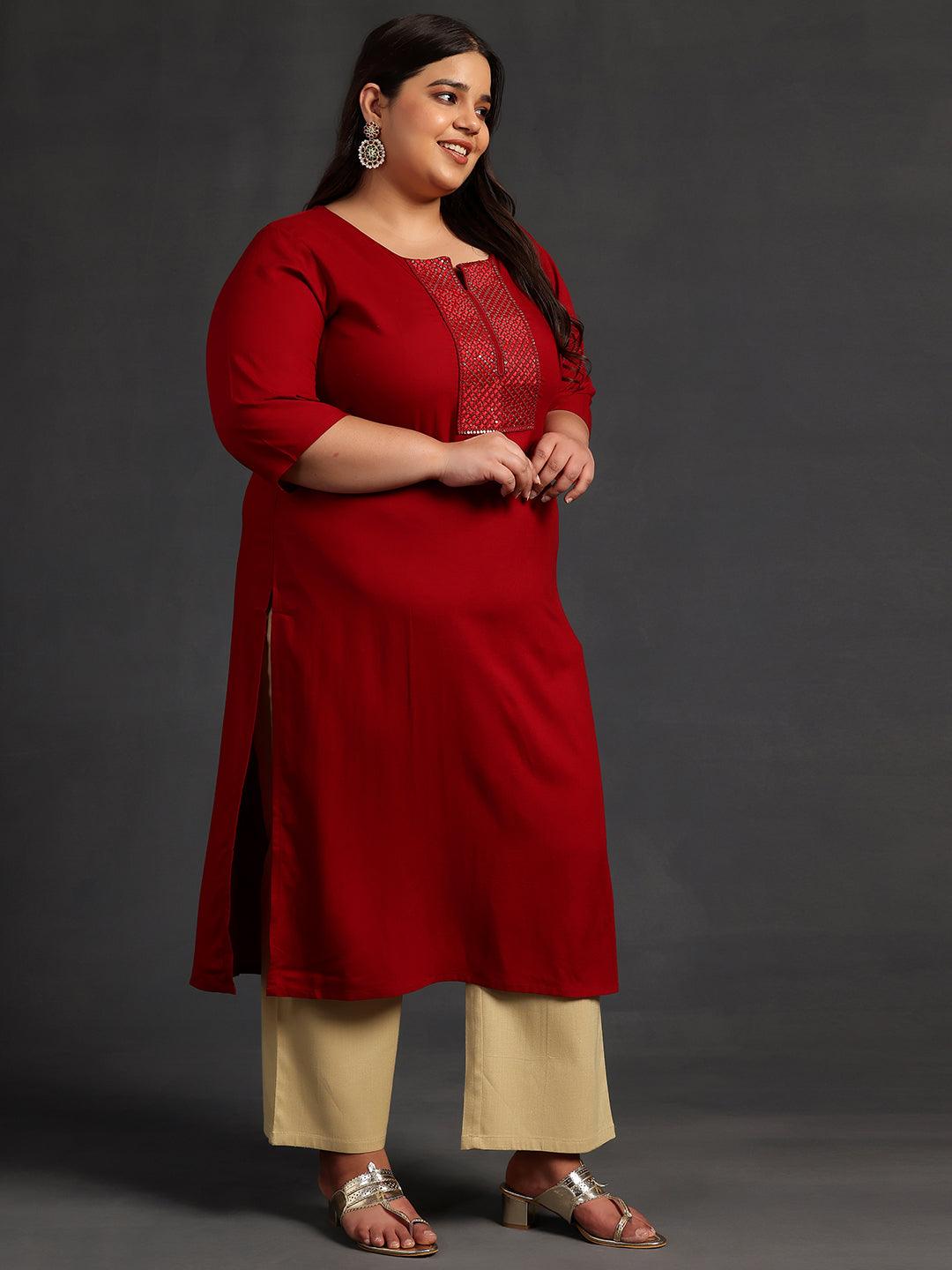 Plus Size Maroon Embellished Rayon Straight Kurta - Libas