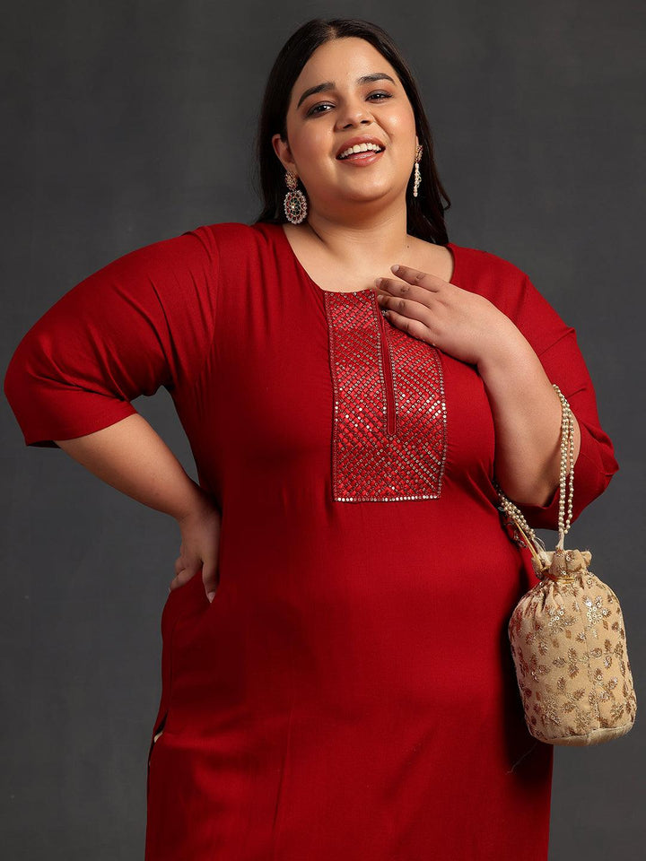 Plus Size Maroon Embellished Rayon Straight Kurta - Libas