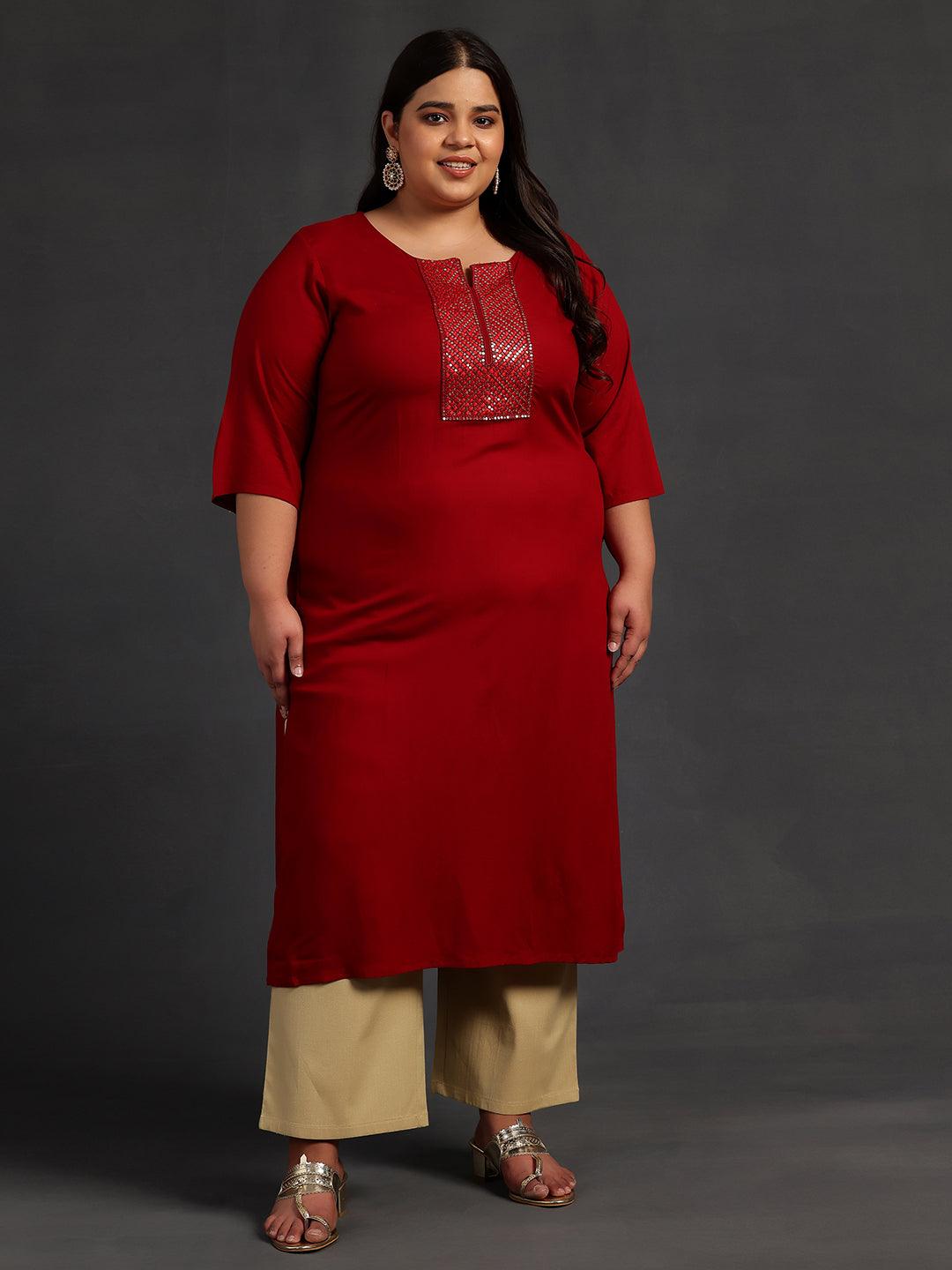 Plus Size Maroon Embellished Rayon Straight Kurta - Libas