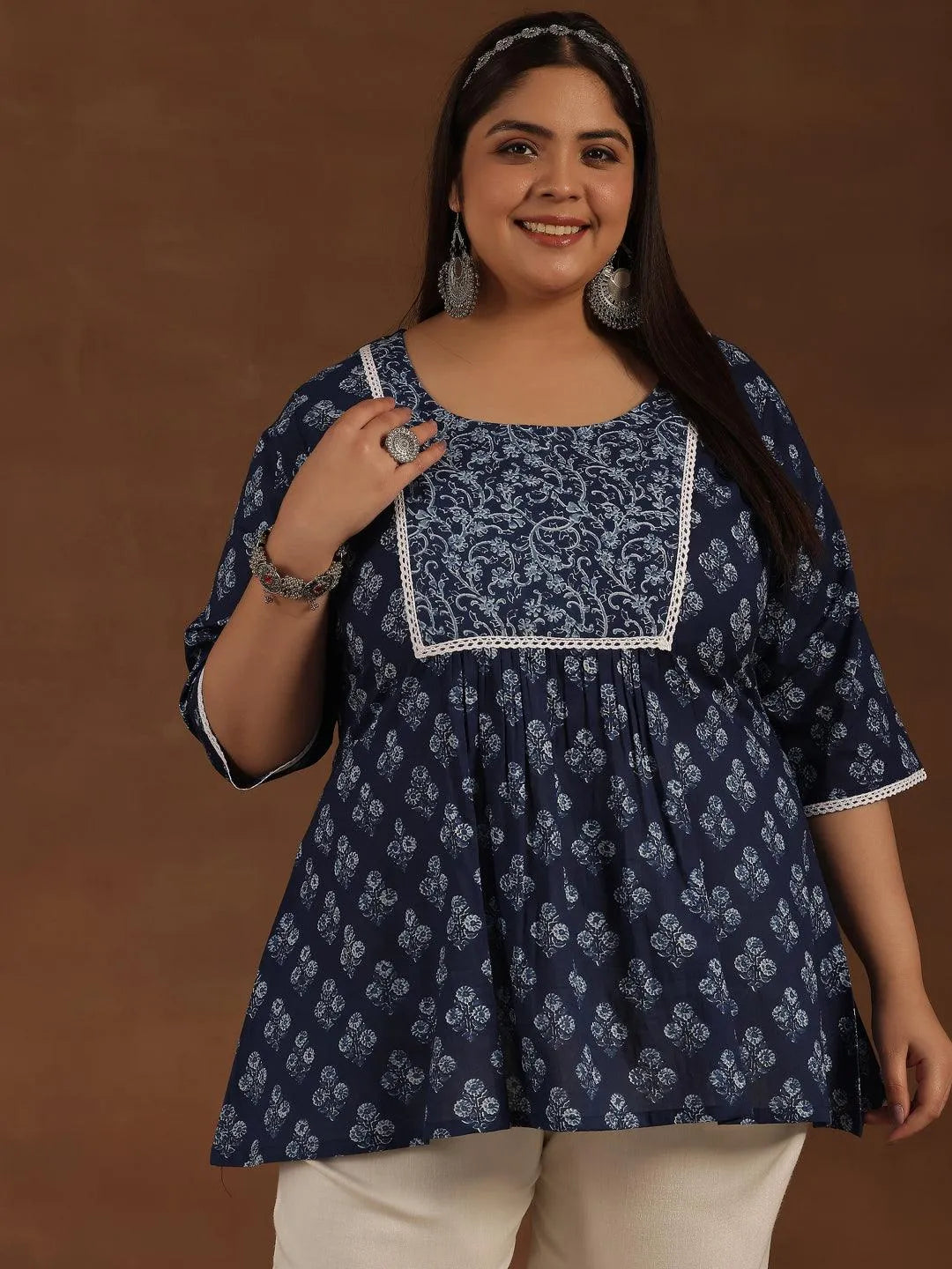 Plus Size Blue Yoke Design Cotton A-Line - Libas