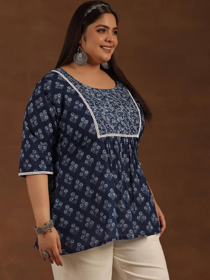 Plus Size Blue Yoke Design Cotton A-Line - Libas