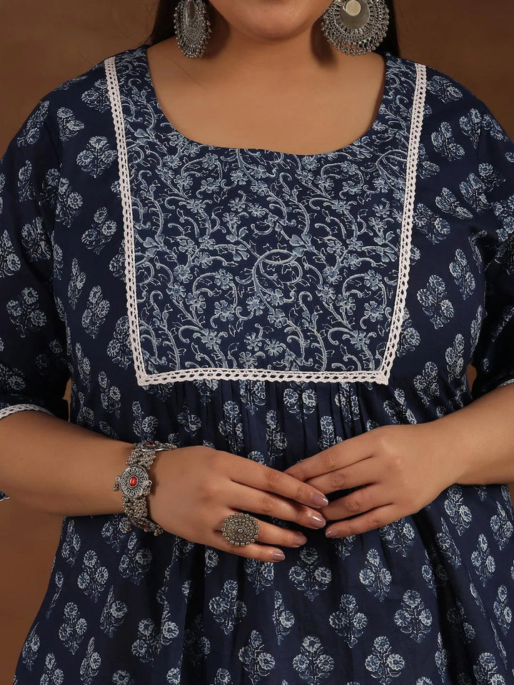 Plus Size Blue Yoke Design Cotton A-Line - Libas