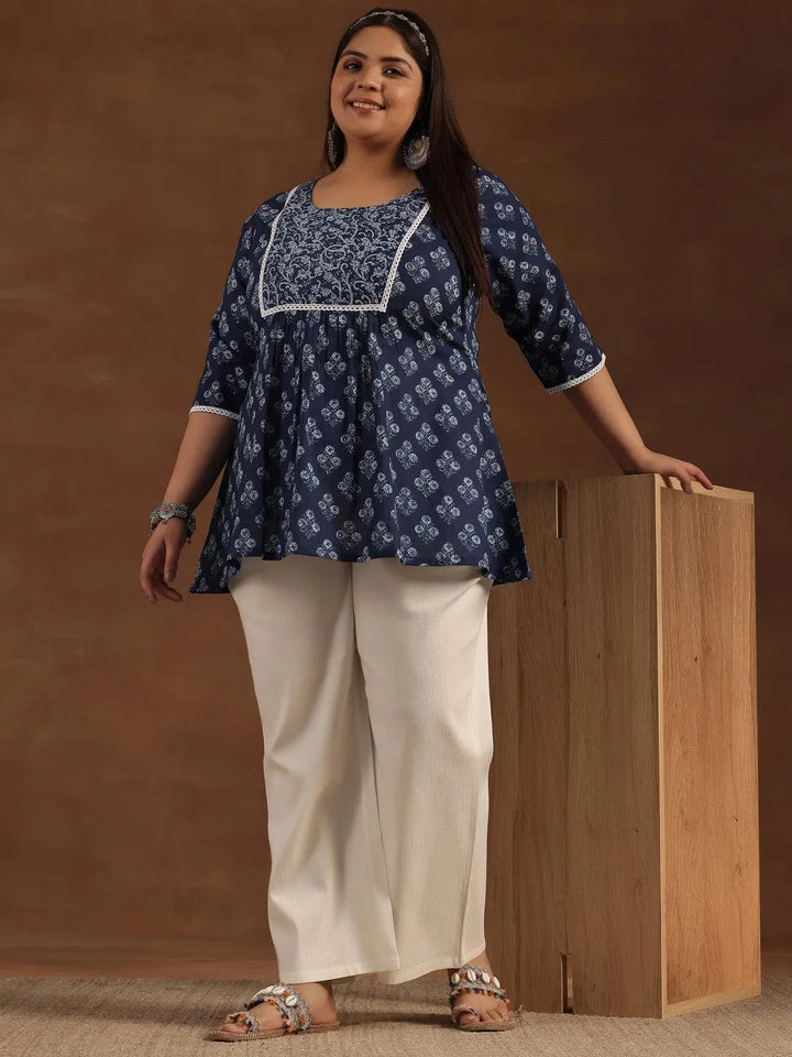 Plus Size Blue Yoke Design Cotton A-Line - Libas