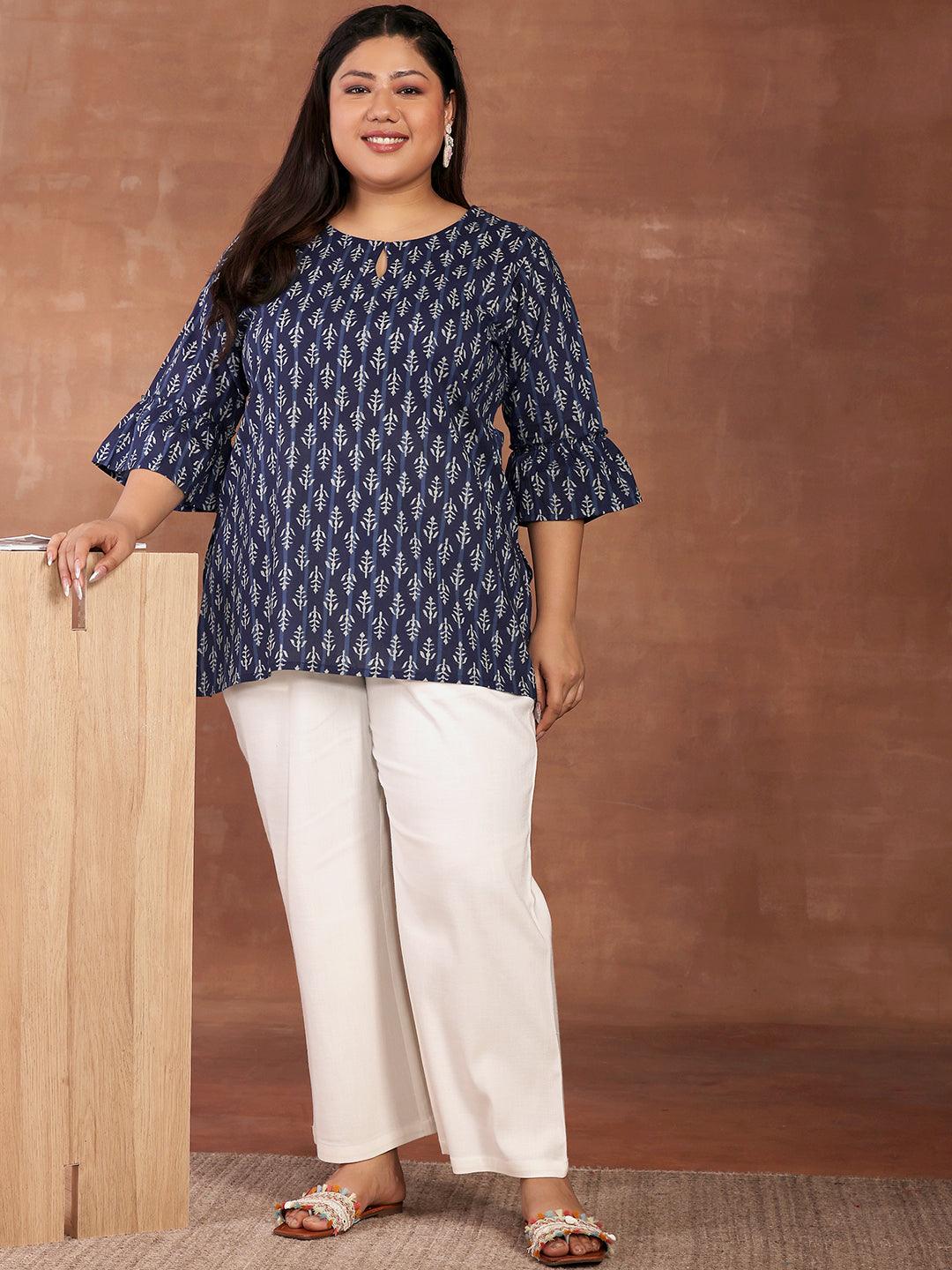 Plus Size Blue Printed Cotton Straight Kurti - Libas