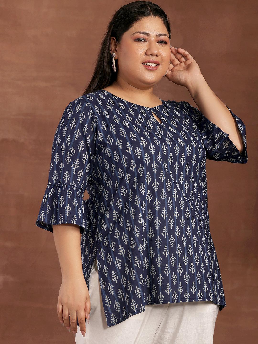 Plus Size Blue Printed Cotton Straight Kurti - Libas