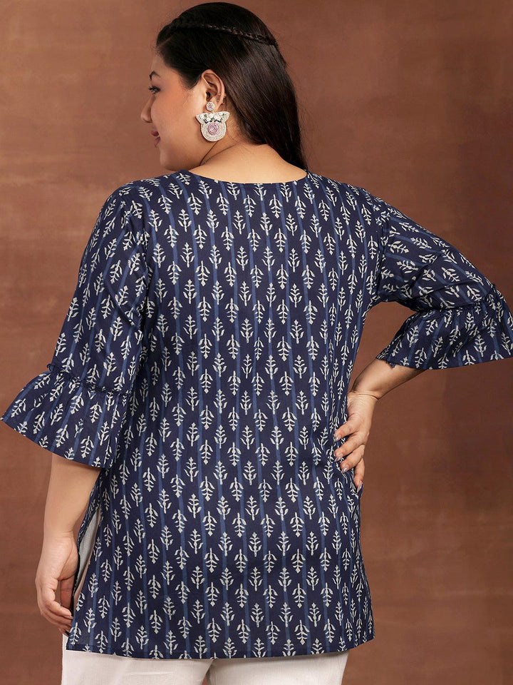 Plus Size Blue Printed Cotton Straight Kurti - Libas