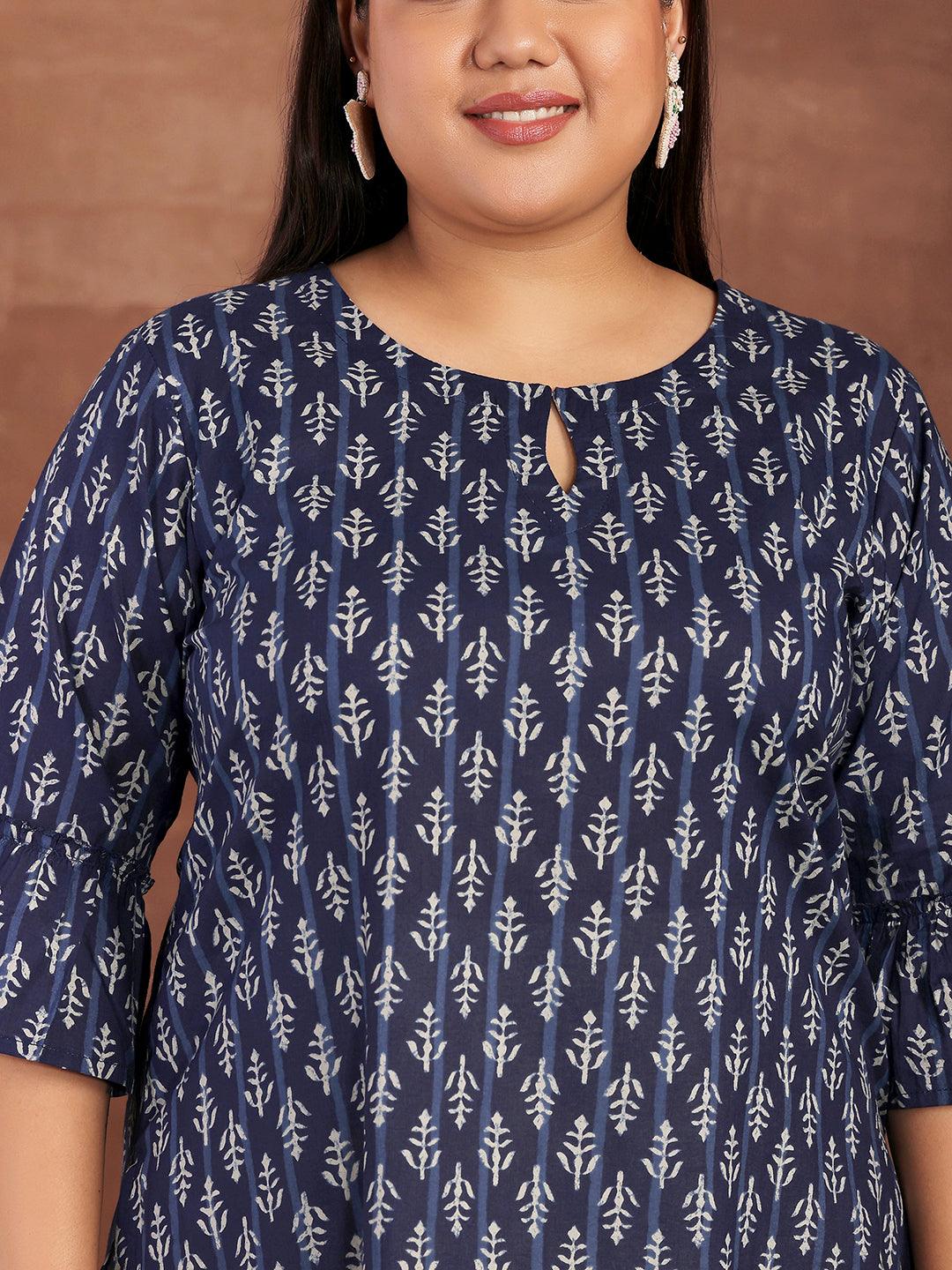 Plus Size Blue Printed Cotton Straight Kurti - Libas