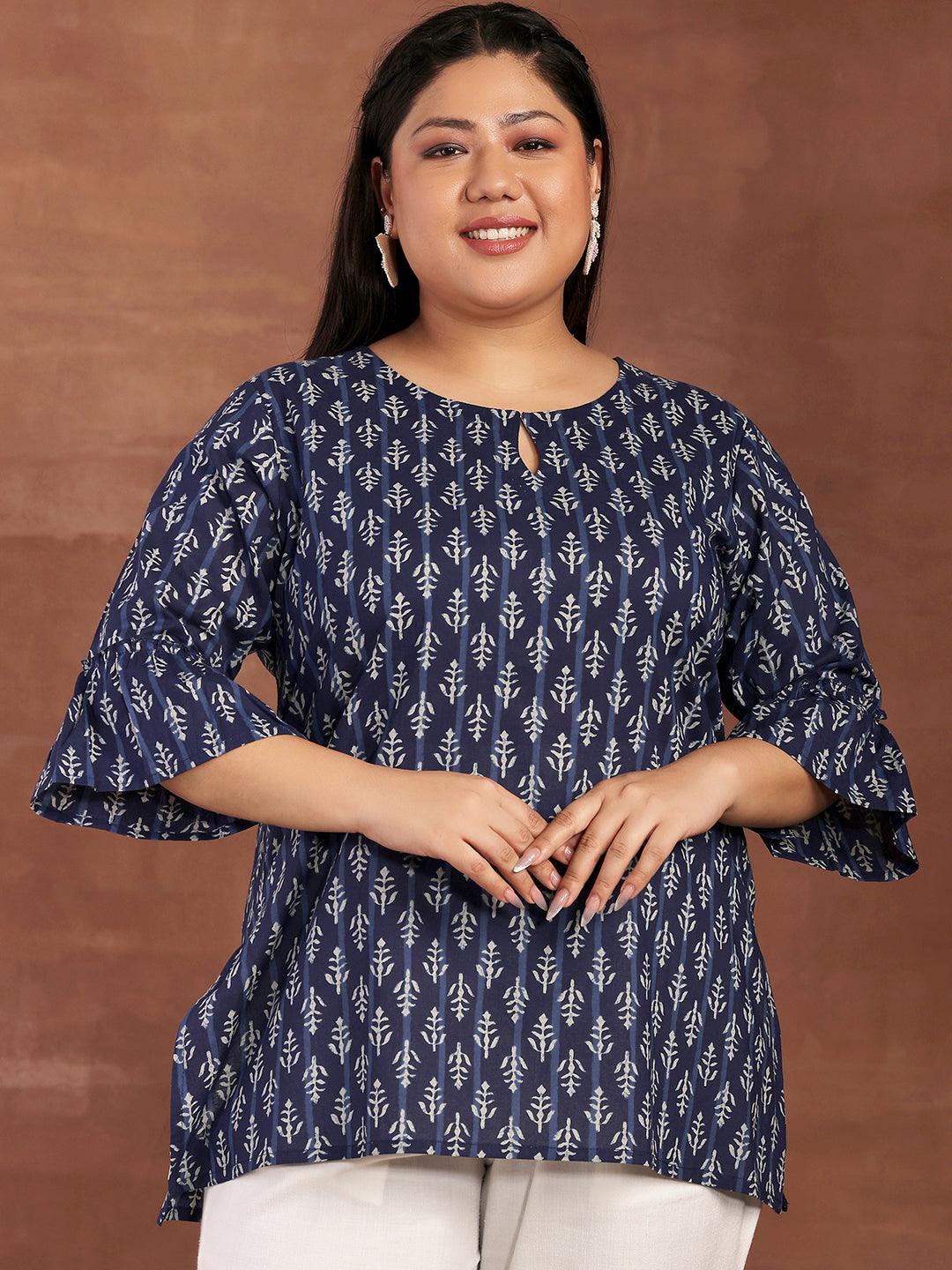 Plus Size Blue Printed Cotton Straight Kurti - Libas