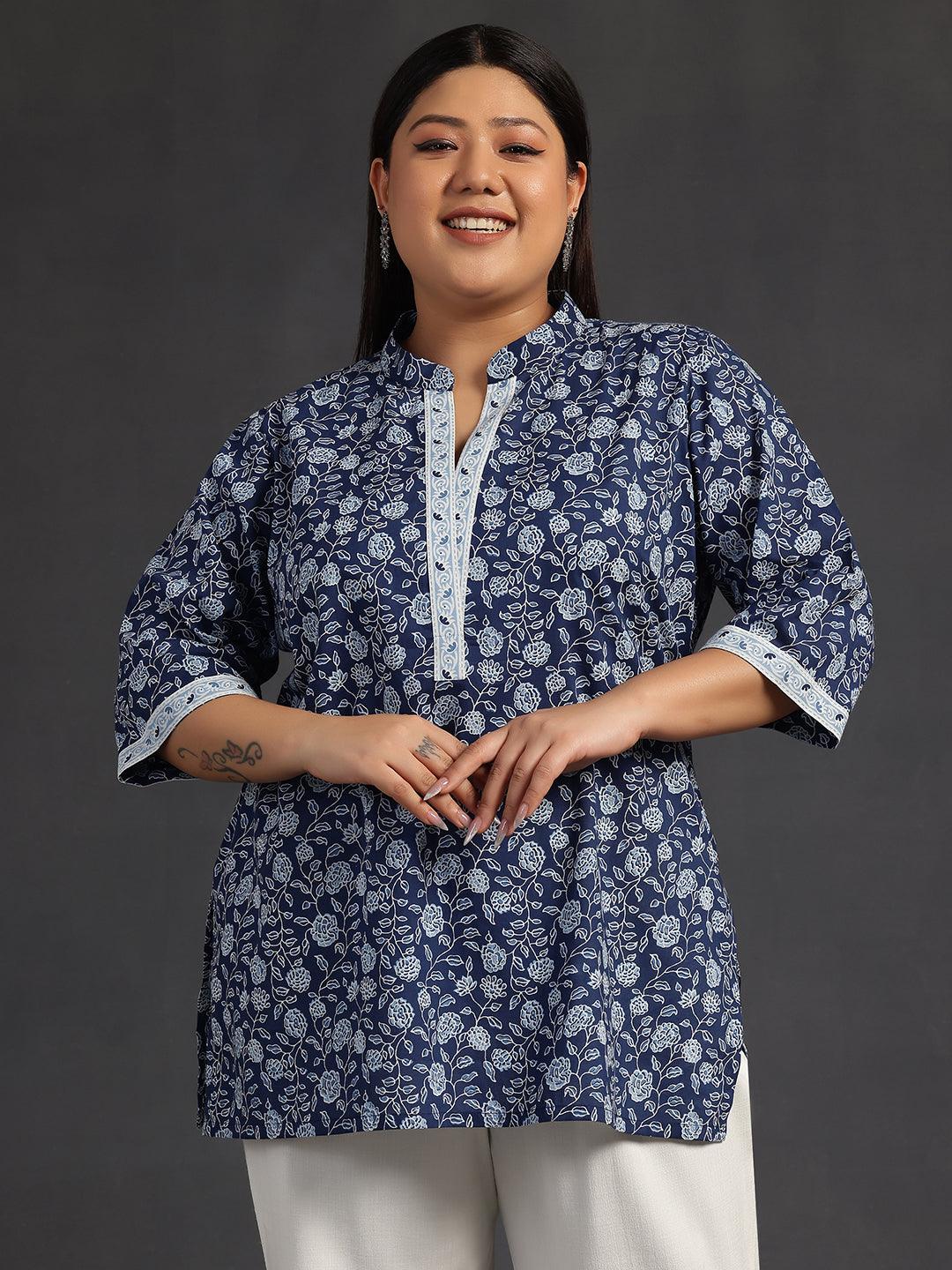 Plus Size Blue Printed Cotton A-Line Kurti - Libas