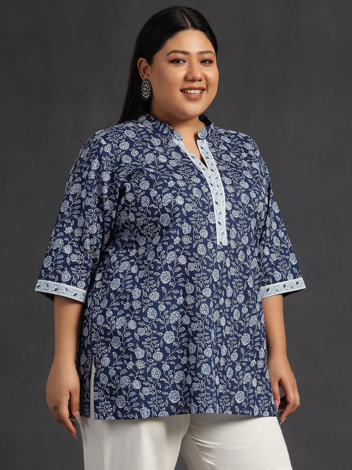 Plus Size Blue Printed Cotton A-Line Kurti - Libas