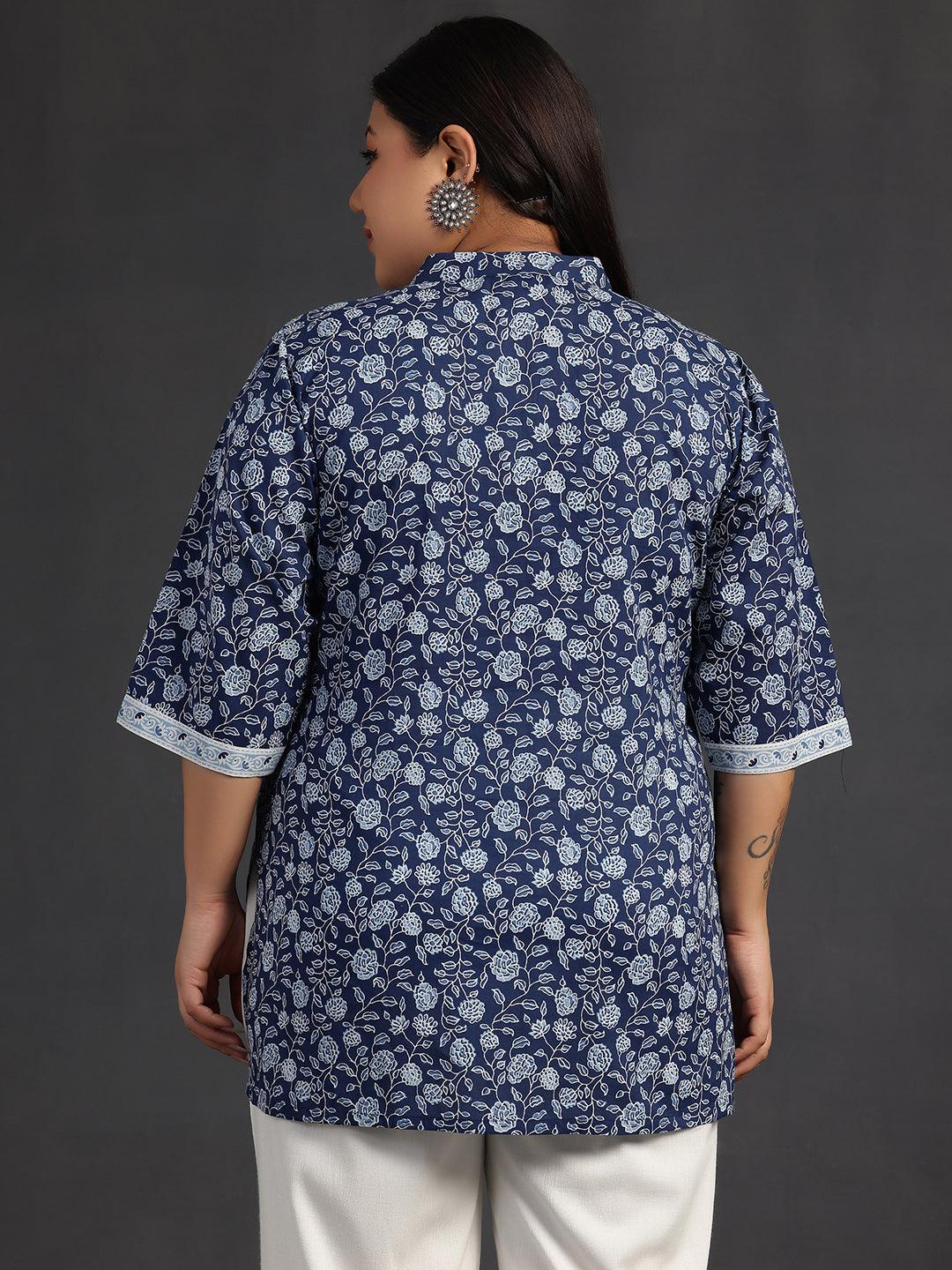 Plus Size Blue Printed Cotton A-Line Kurti - Libas