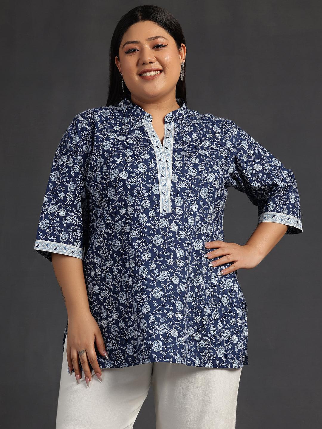 Plus Size Blue Printed Cotton A-Line Kurti - Libas