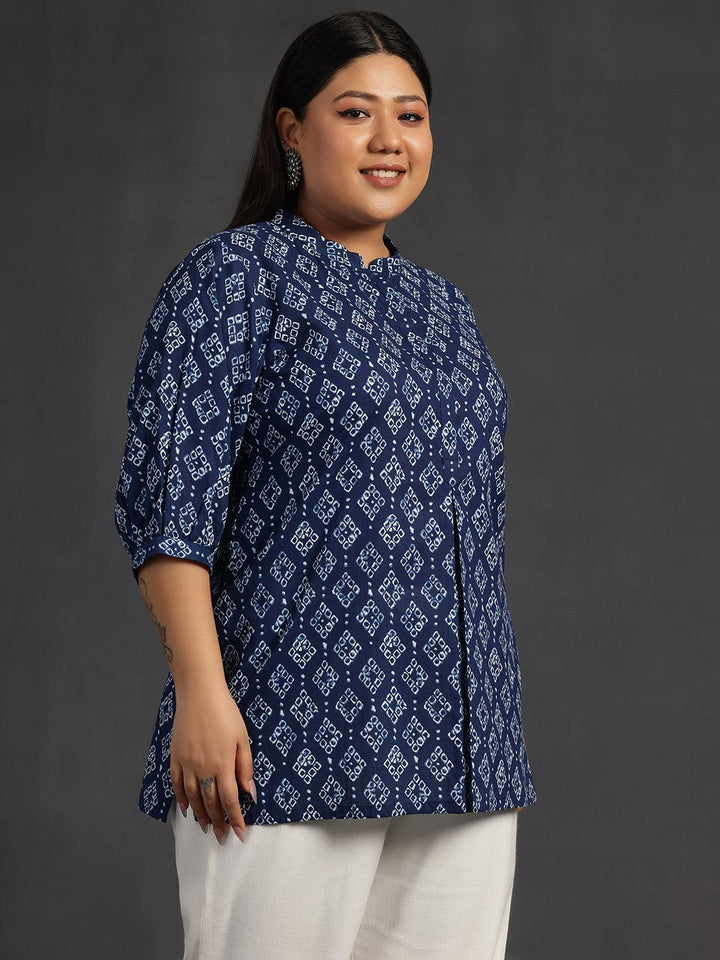 Plus Size Blue Printed Cotton A-Line Kurti - Libas