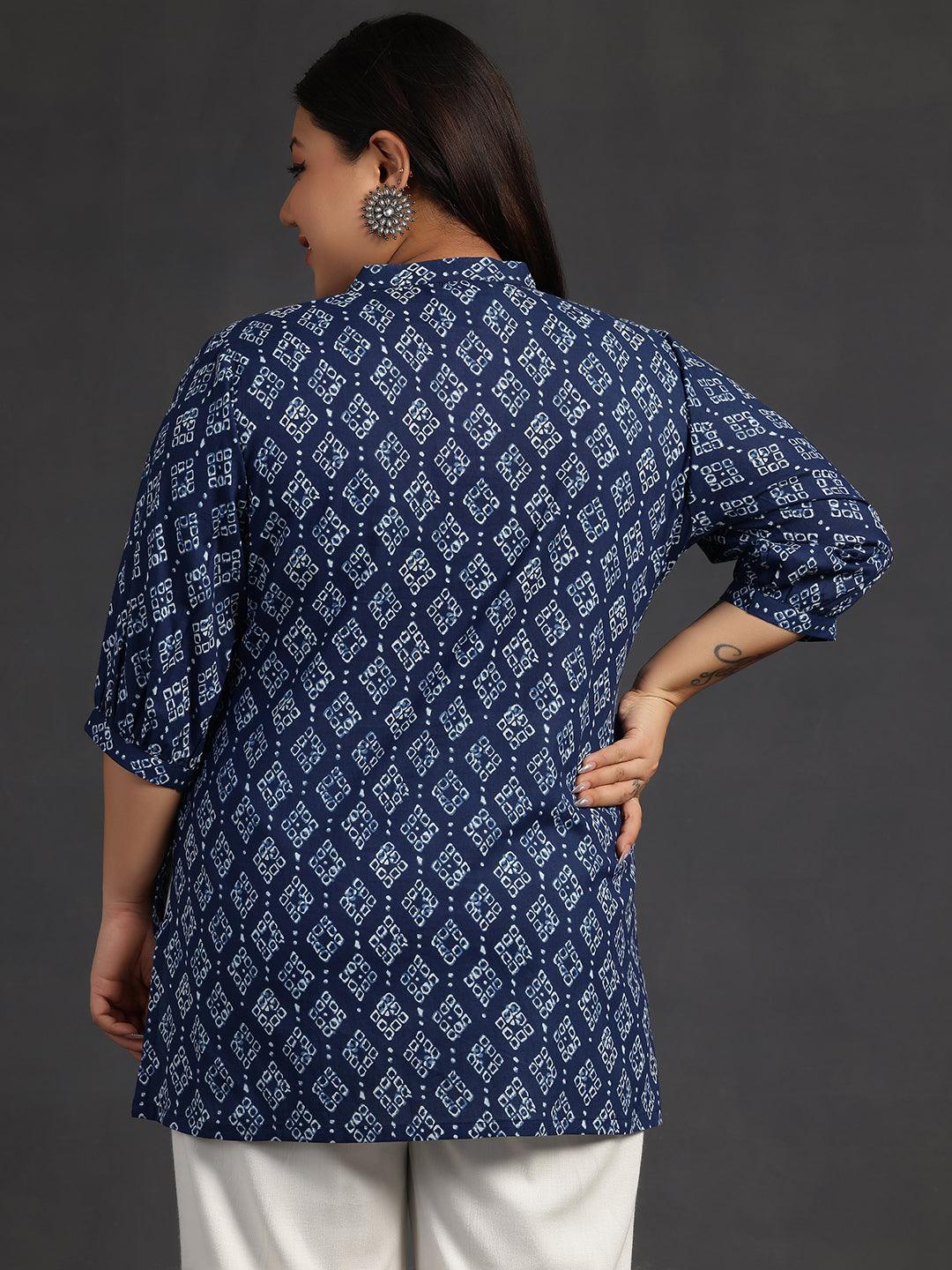 Plus Size Blue Printed Cotton A-Line Kurti - Libas