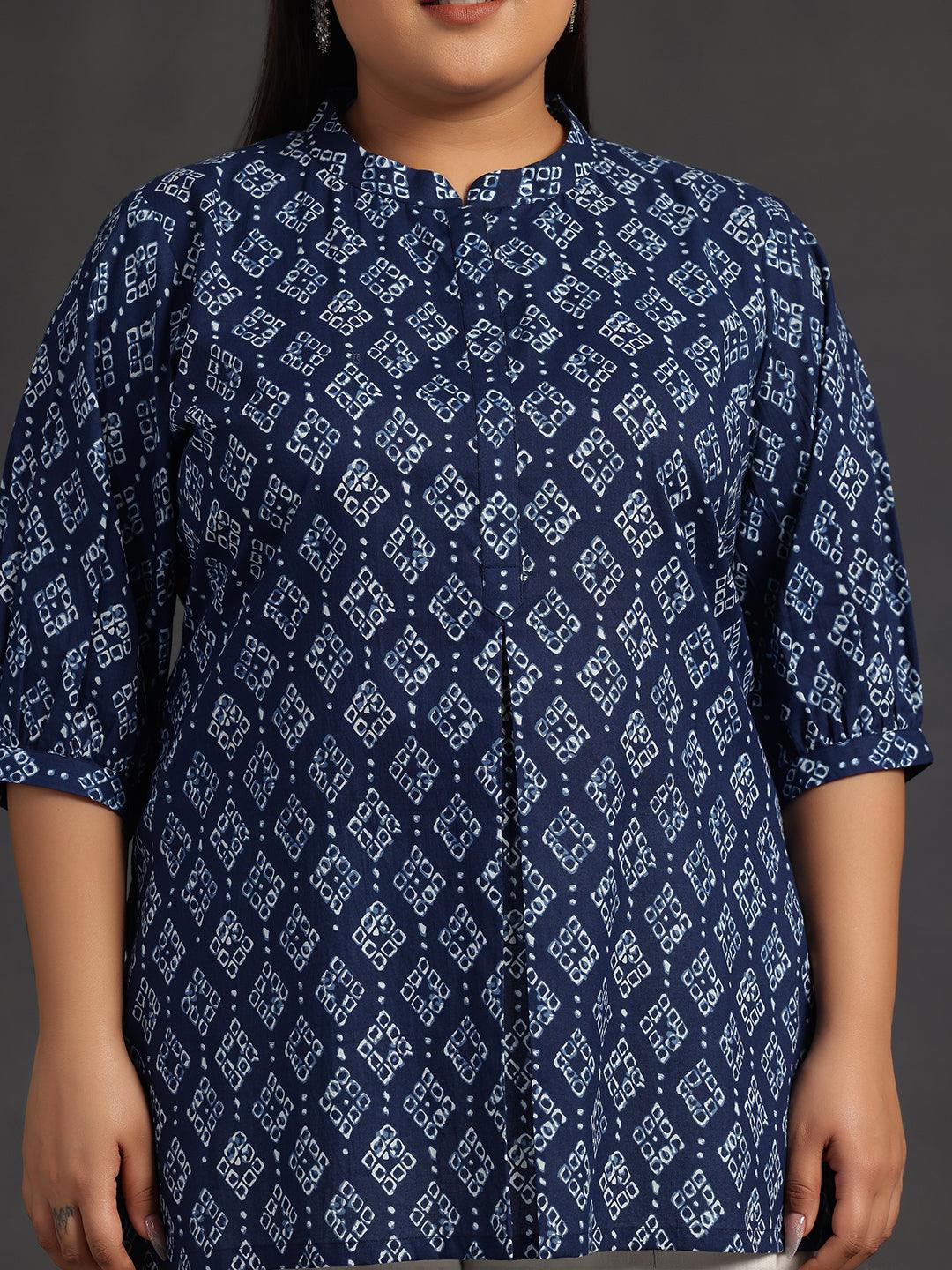 Plus Size Blue Printed Cotton A-Line Kurti - Libas