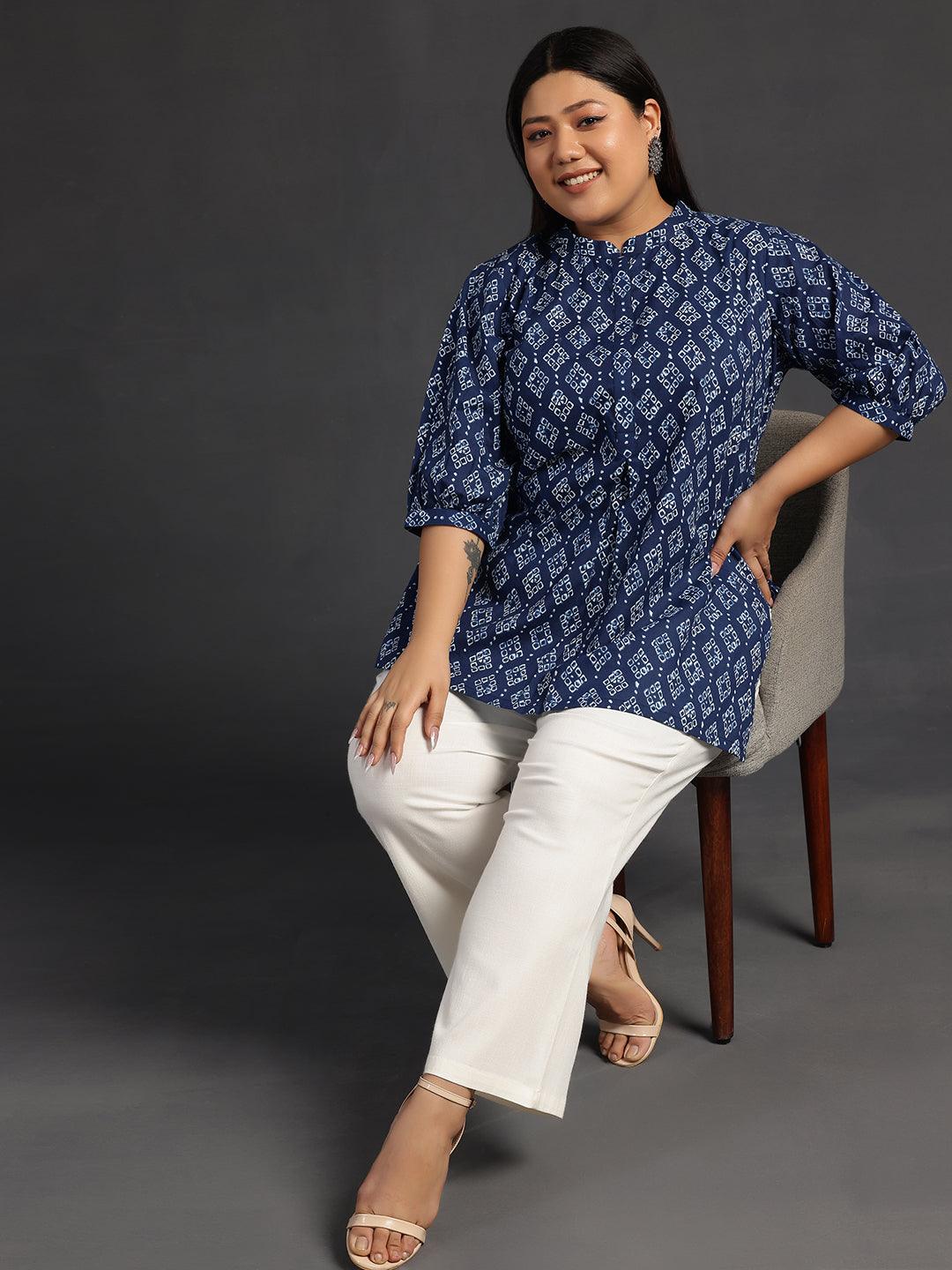 Plus Size Blue Printed Cotton A-Line Kurti - Libas