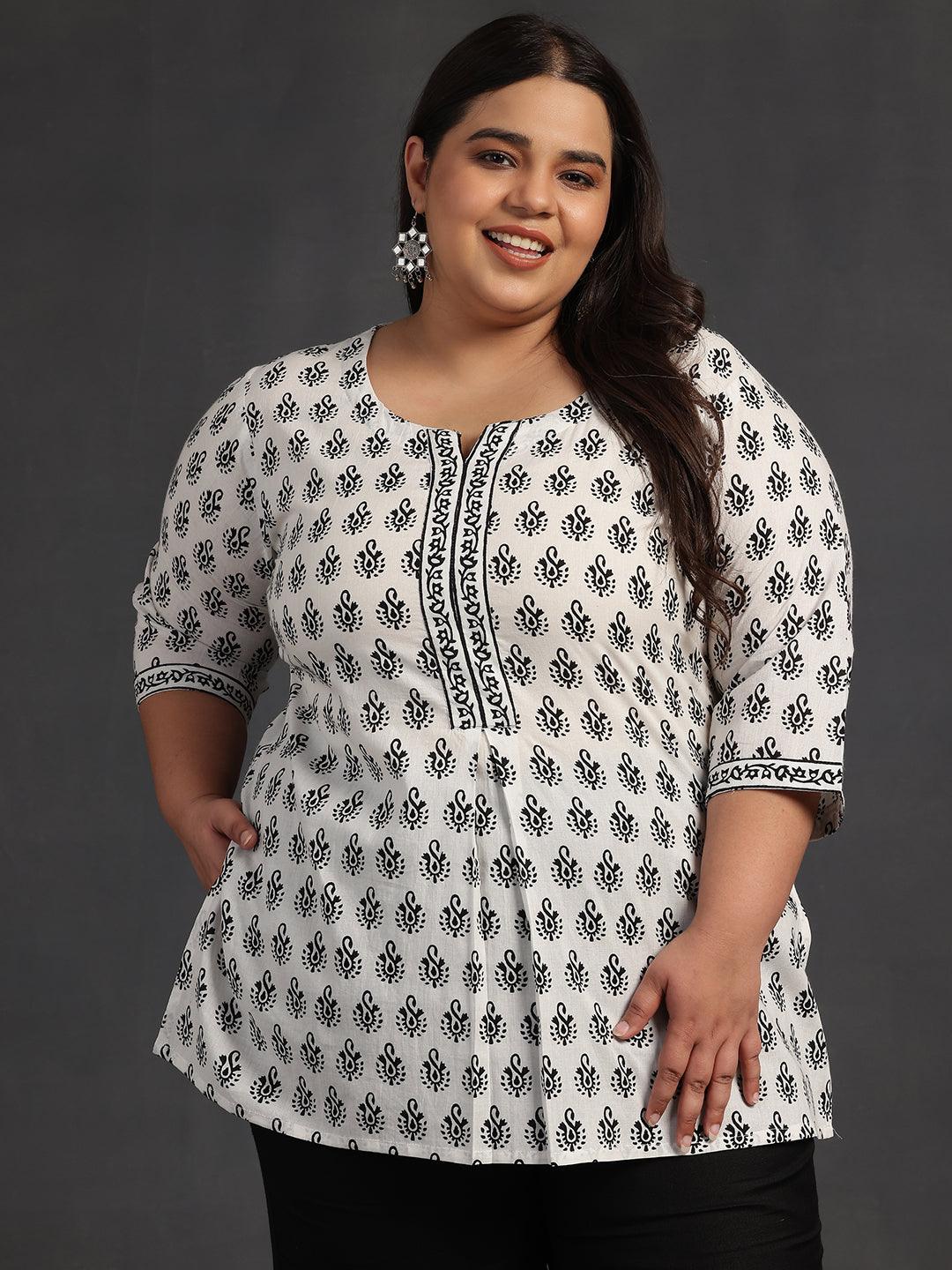 Plus Size White Printed Cotton Straight Kurti - Libas