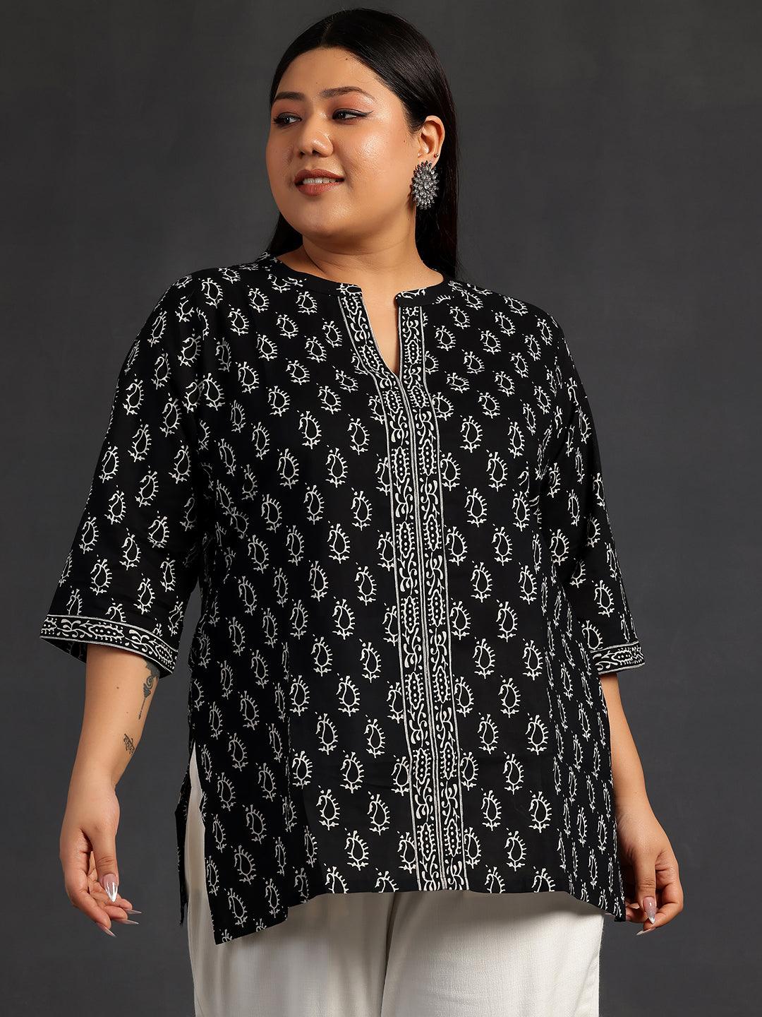 Plus Size Black Printed Cotton Straight Kurti - Libas