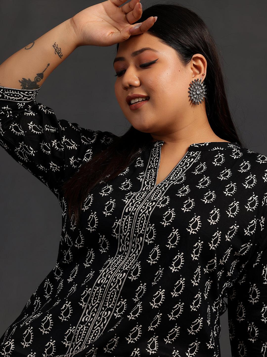 Plus Size Black Printed Cotton Straight Kurti - Libas