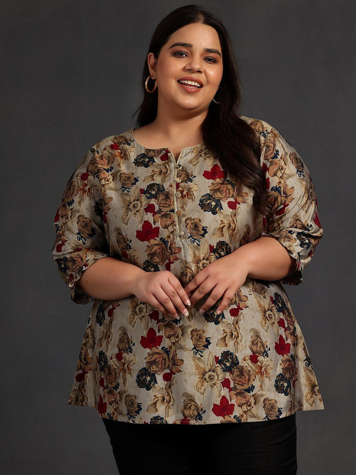 Plus Size Multi Printed Silk Blend A-Line Kurti - Libas