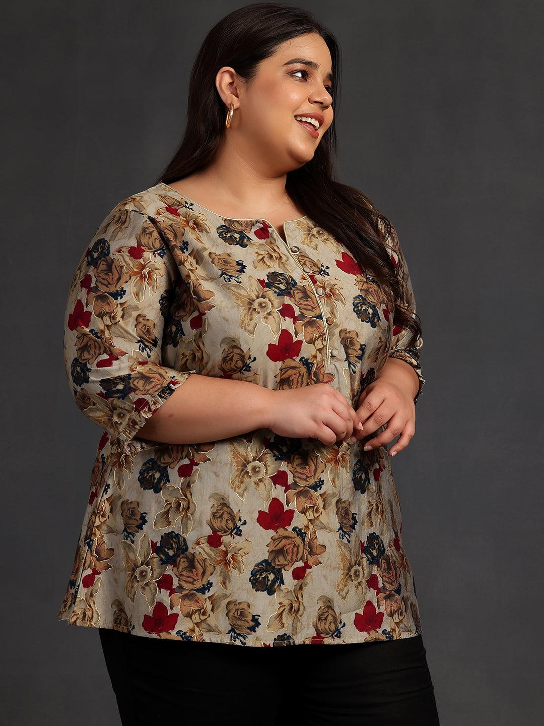 Plus Size Multi Printed Silk Blend A-Line Kurti - Libas