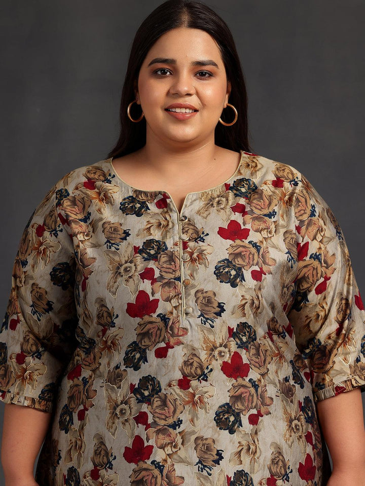 Plus Size Multi Printed Silk Blend A-Line Kurti - Libas