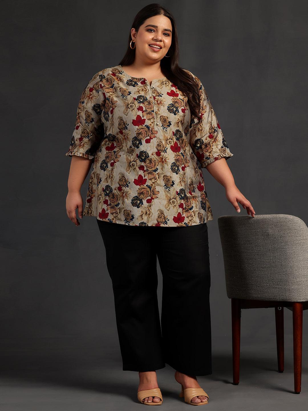 Plus Size Multi Printed Silk Blend A-Line Kurti - Libas