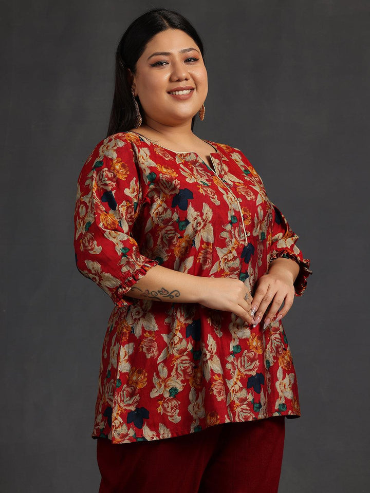 Plus Size Maroon Printed Silk Blend A-Line Kurti - Libas