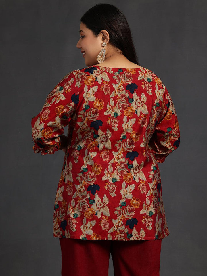 Plus Size Maroon Printed Silk Blend A-Line Kurti - Libas