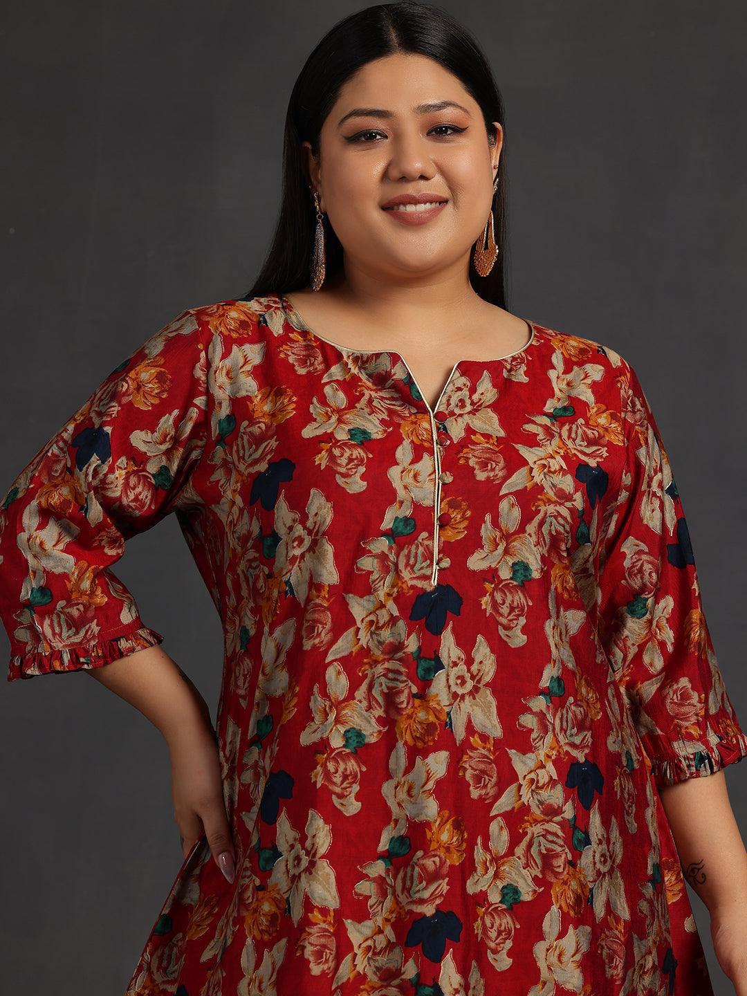 Plus Size Maroon Printed Silk Blend A-Line Kurti - Libas