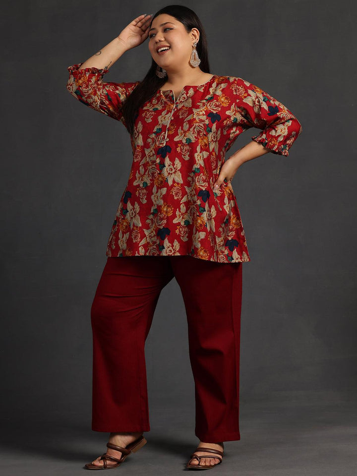 Plus Size Maroon Printed Silk Blend A-Line Kurti - Libas