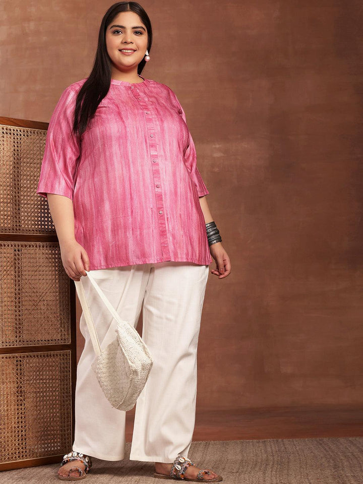 Plus Size Pink Printed Cotton Blend Straight Kurti - Libas