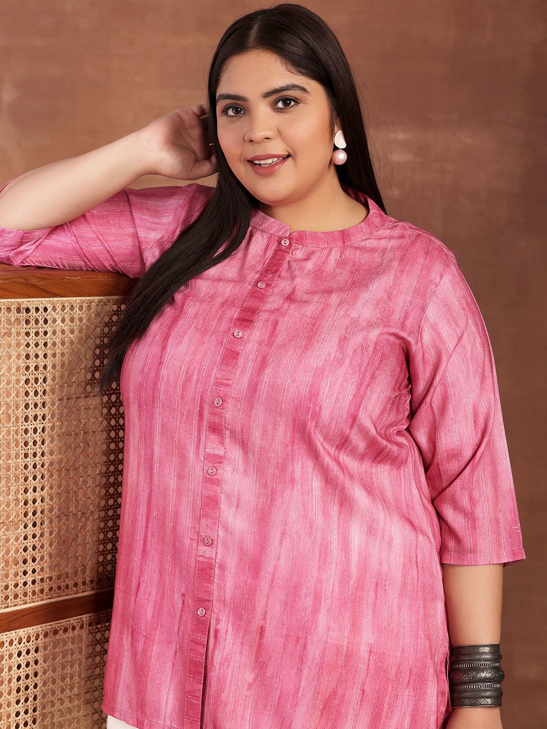 Plus Size Pink Printed Cotton Blend Straight Kurti - Libas