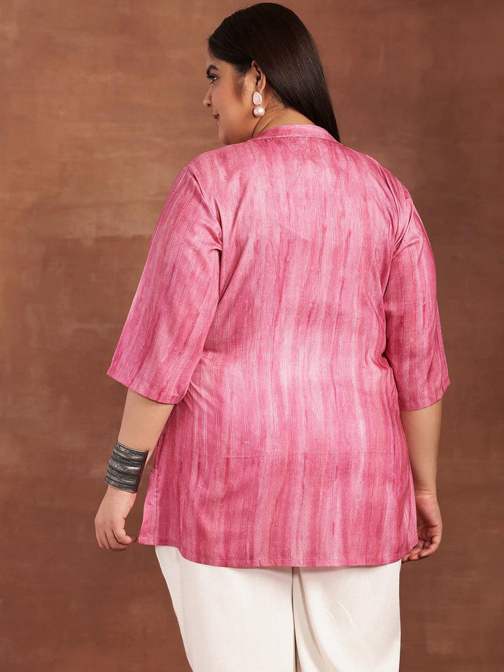 Plus Size Pink Printed Cotton Blend Straight Kurti - Libas